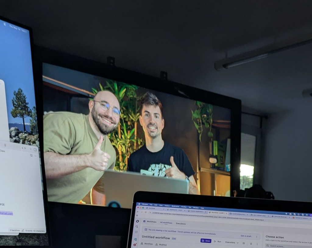 Studio setup during the Commit Academy observability masterclass recording — Dynatrace workflow demo on screen
