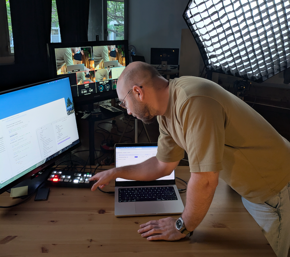 Production crew managing the live stream during the Commit Academy observability masterclass recording