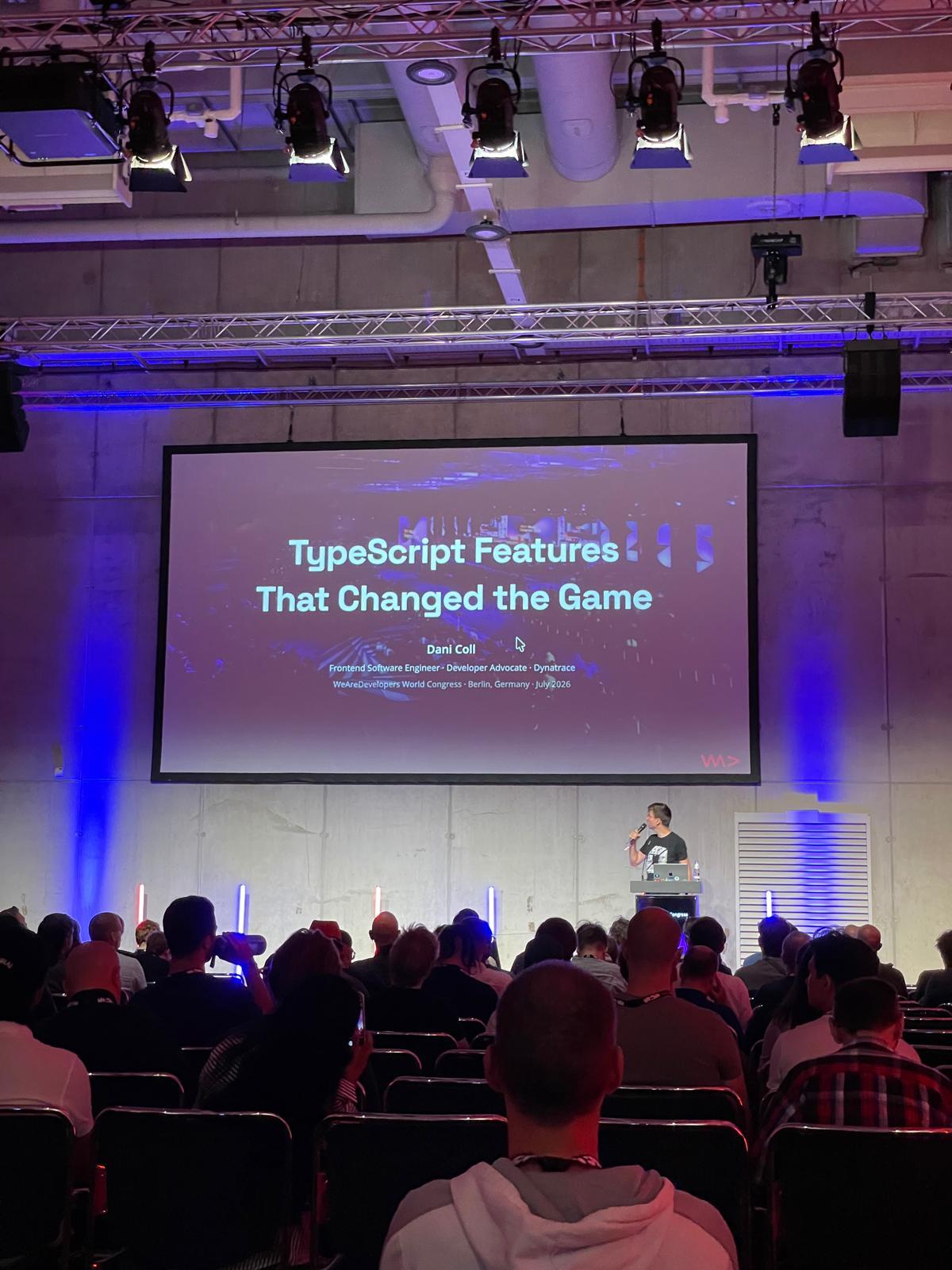 TypeScript Features That Changed the Game — title slide at WeAreDevelopers 2026